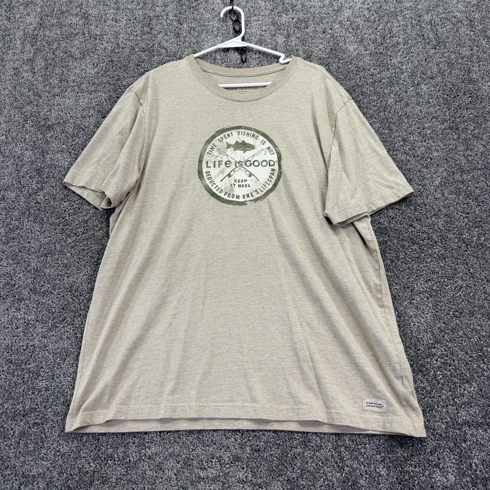 Life Is Good Shirt Mens XL Beige Time Spent Fishing Graphic Tee Crusher Tagless